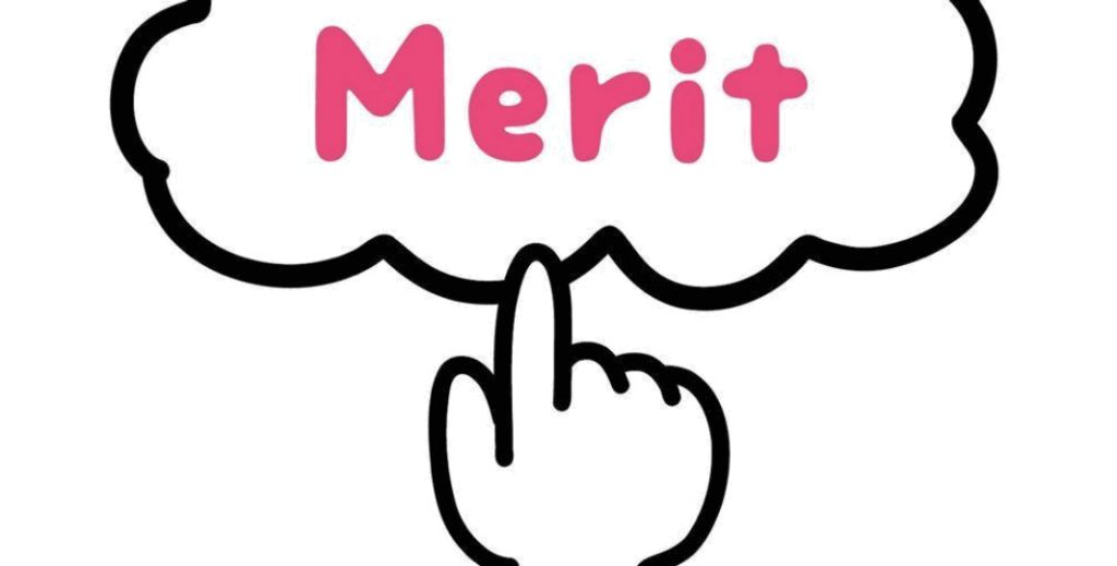 雲形の吹き出しに『Merit』と書かれた文字を指で押しているイラスト